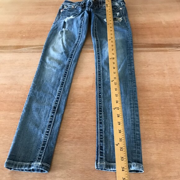 Miss Me Signature Cuffed Skinny Jeans Women 25 Blue Low Rise Aztec Patch Flap - Picture 6 of 16